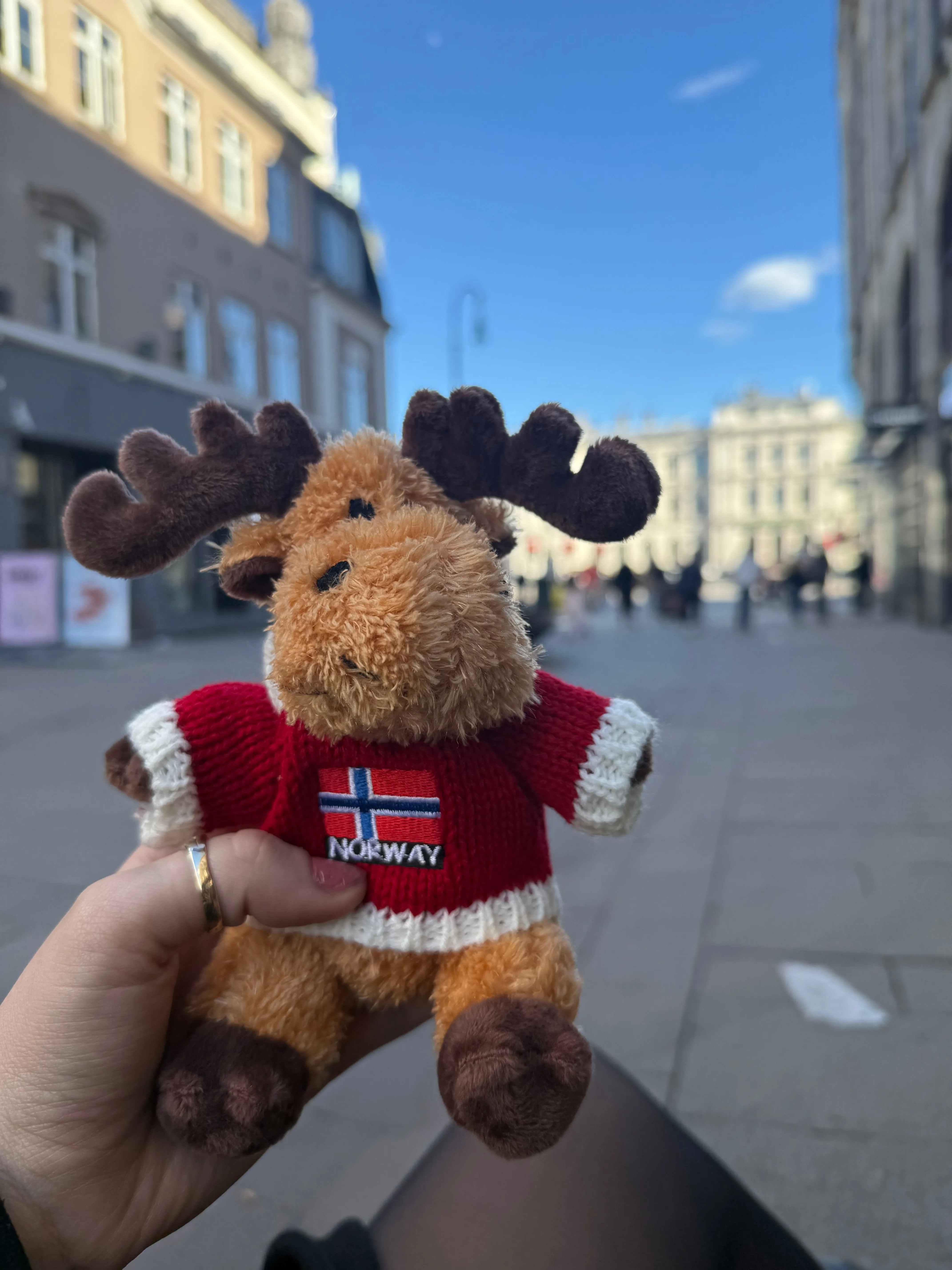 Une peluche d'élan en pull rouge au drapeau norvégien, tenue à la main dans une rue piétonne d'Oslo.